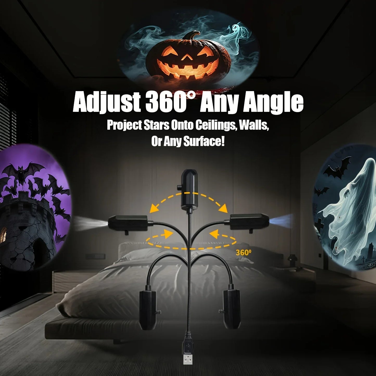Halloween Projection Lamp, USB Powered LED Mood Light,360° Adjustable Horror Decor with 3/6 Animated Patterns,Home Party Ceiling