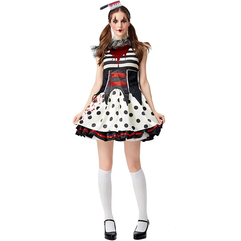 Halloween Clown Dress Adult Circus Striped Dress Horror Clown Cosplay Costume Carnival Party Fancy Dress Up Women Clothes