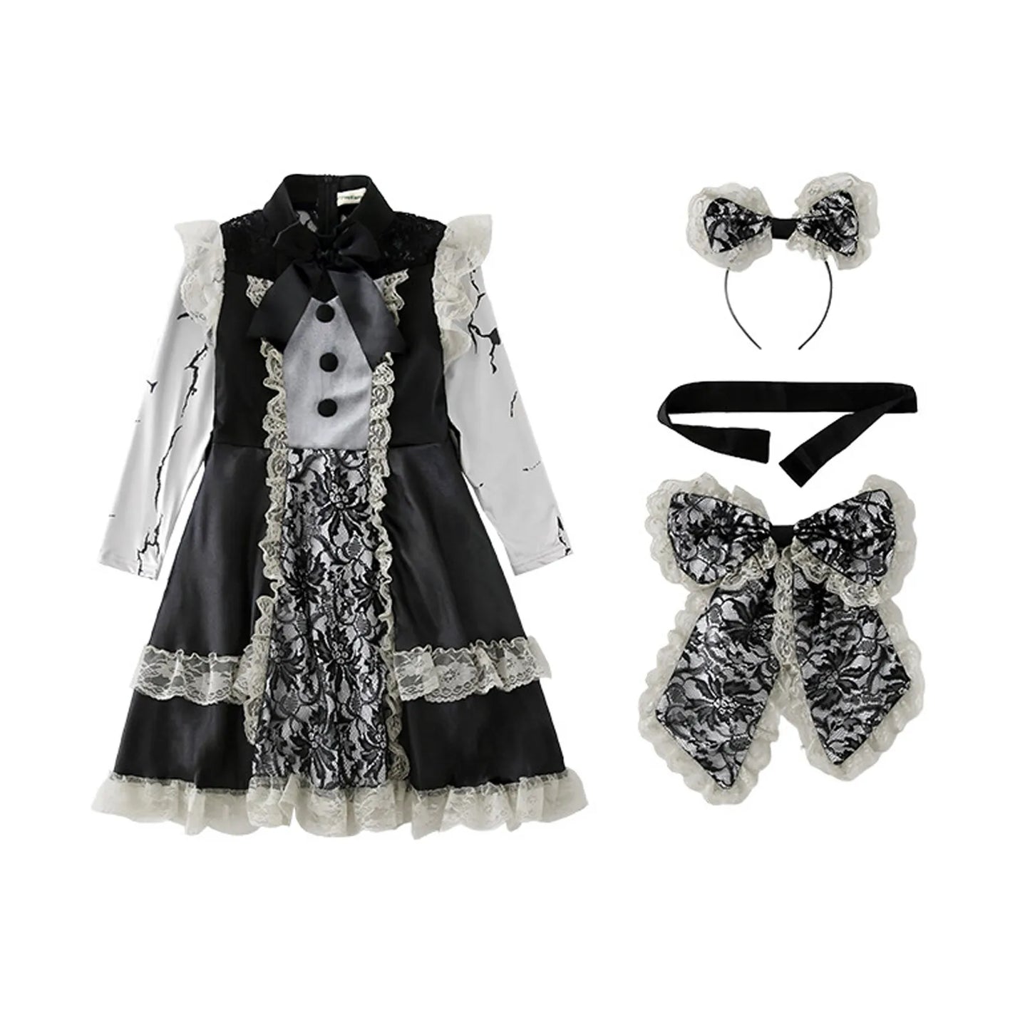 Halloween Cosplay Costume Children Lace Patchwork Dress Dark Gothic Witch Girl Maid Play Costume Masquerade Performance Costumes