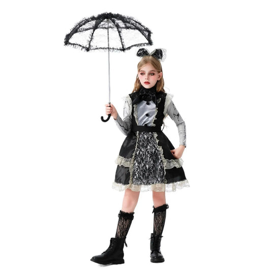 Halloween Cosplay Costume Children Lace Patchwork Dress Dark Gothic Witch Girl Maid Play Costume Masquerade Performance Costumes