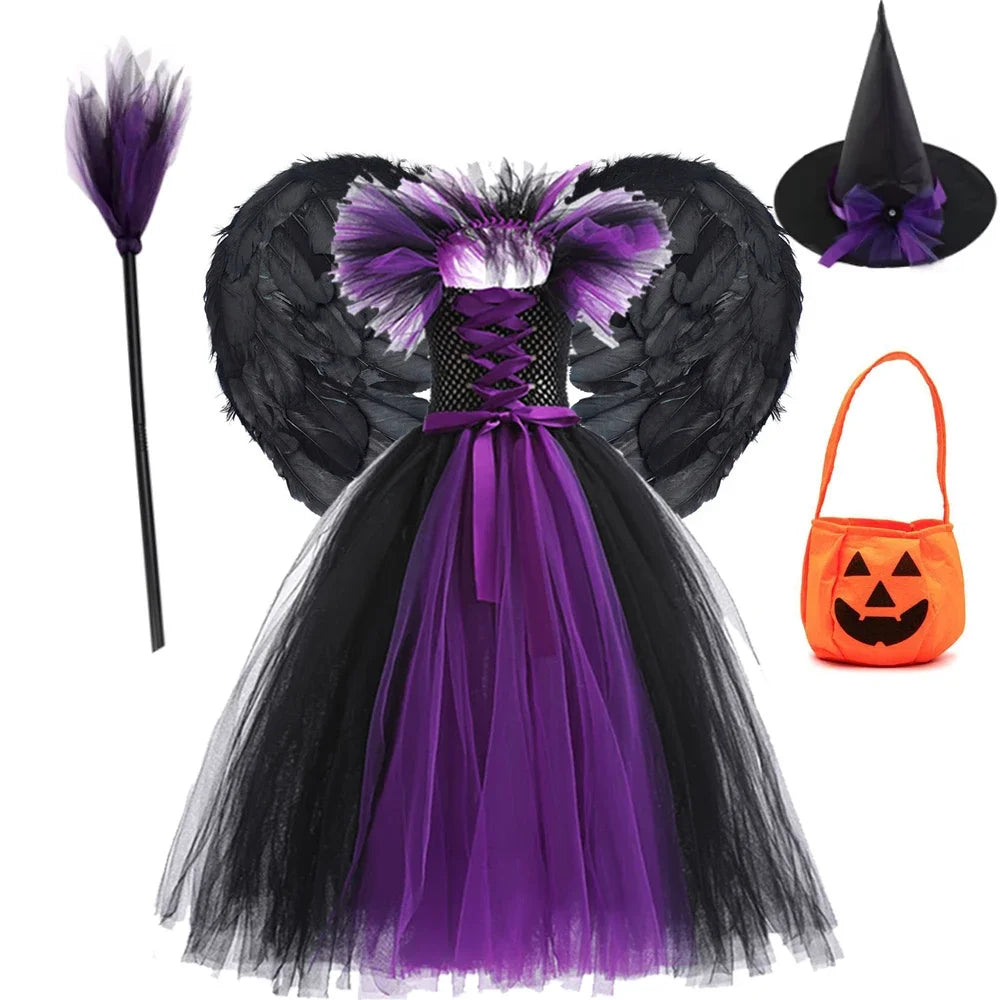 Halloween Costume Kids Maleficent Cosplay Dress Children Disguise Outfits Girls Ceremonial Luxury Floor Length Elegant Gown