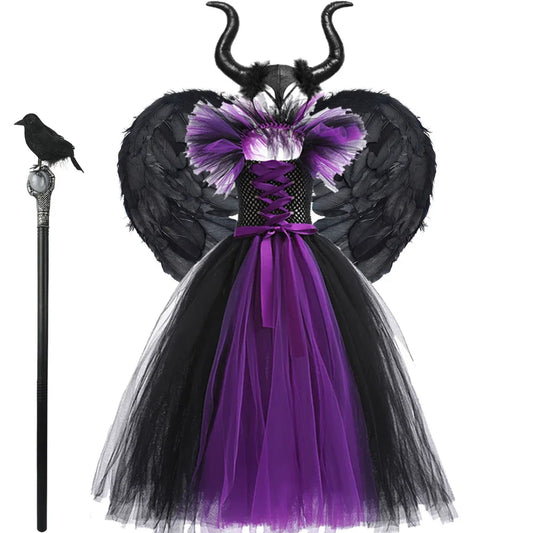 Halloween Costume Kids Maleficent Cosplay Dress Children Disguise Outfits Girls Ceremonial Luxury Floor Length Elegant Gown