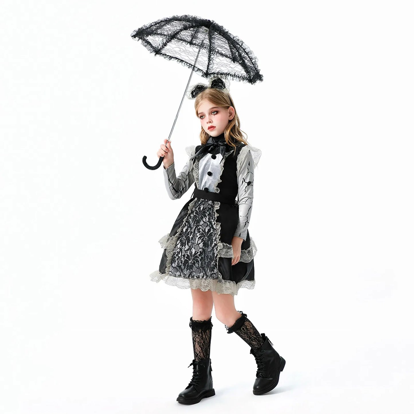 Halloween Cosplay Costume Children Lace Patchwork Dress Dark Gothic Witch Girl Maid Play Costume Masquerade Performance Costumes