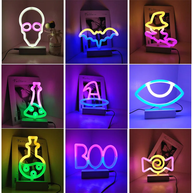 Halloween Decoration Neon Lights Witch Hat Candy Ghost Party Lamp for Bedroom Bar Coffee Decor Lighting Skull Baby Night Light