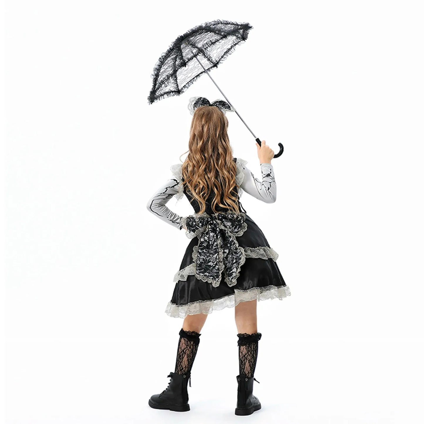 Halloween Cosplay Costume Children Lace Patchwork Dress Dark Gothic Witch Girl Maid Play Costume Masquerade Performance Costumes