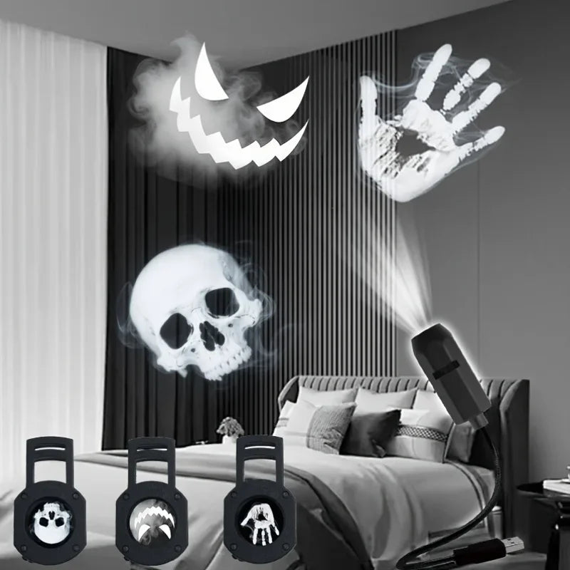 Halloween Projection Lamp, USB Powered LED Mood Light,360° Adjustable Horror Decor with 3/6 Animated Patterns,Home Party Ceiling