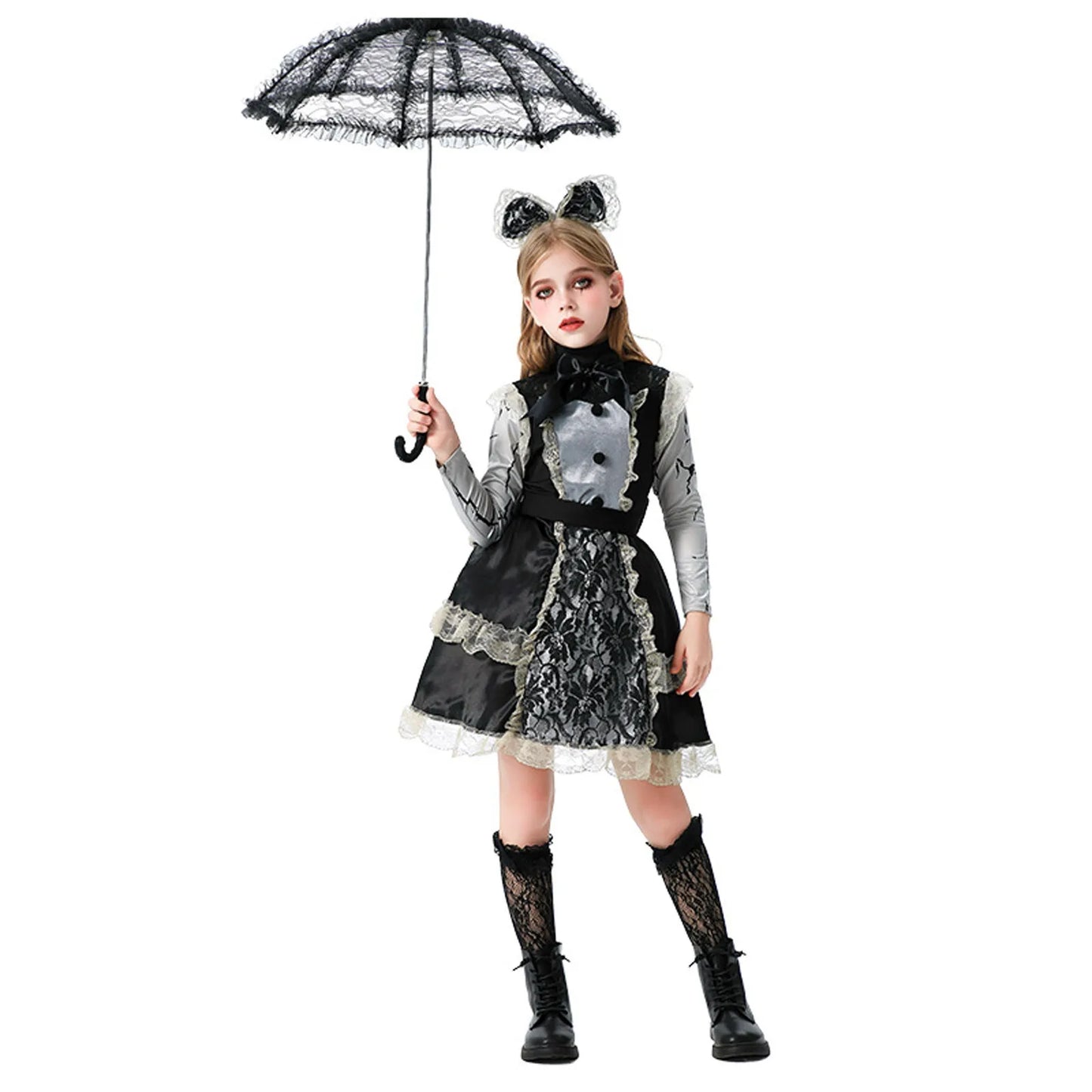 Halloween Cosplay Costume Children Lace Patchwork Dress Dark Gothic Witch Girl Maid Play Costume Masquerade Performance Costumes
