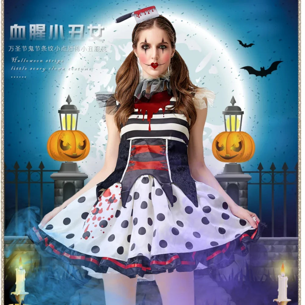 Halloween Clown Dress Adult Circus Striped Dress Horror Clown Cosplay Costume Carnival Party Fancy Dress Up Women Clothes