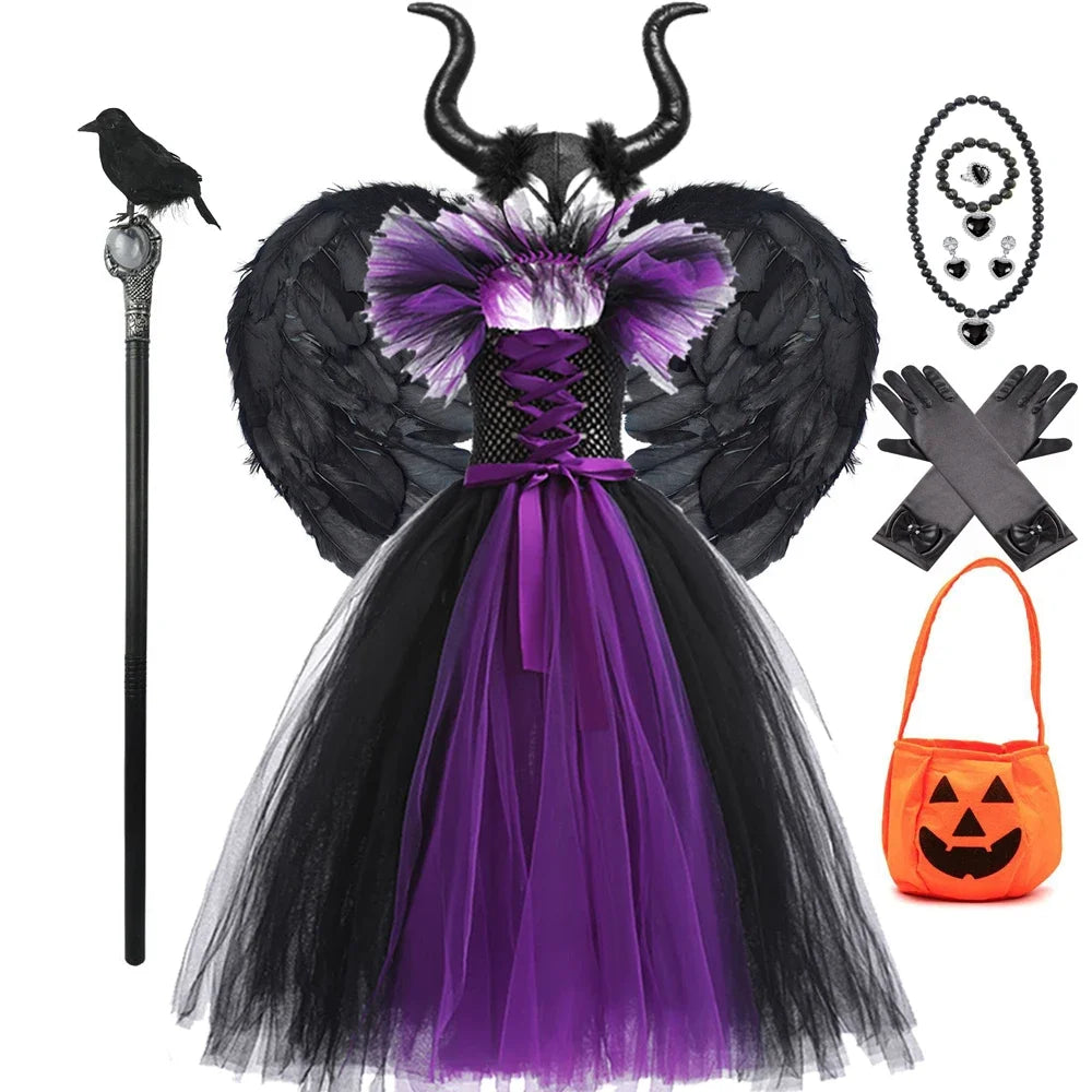 Halloween Costume Kids Maleficent Cosplay Dress Children Disguise Outfits Girls Ceremonial Luxury Floor Length Elegant Gown